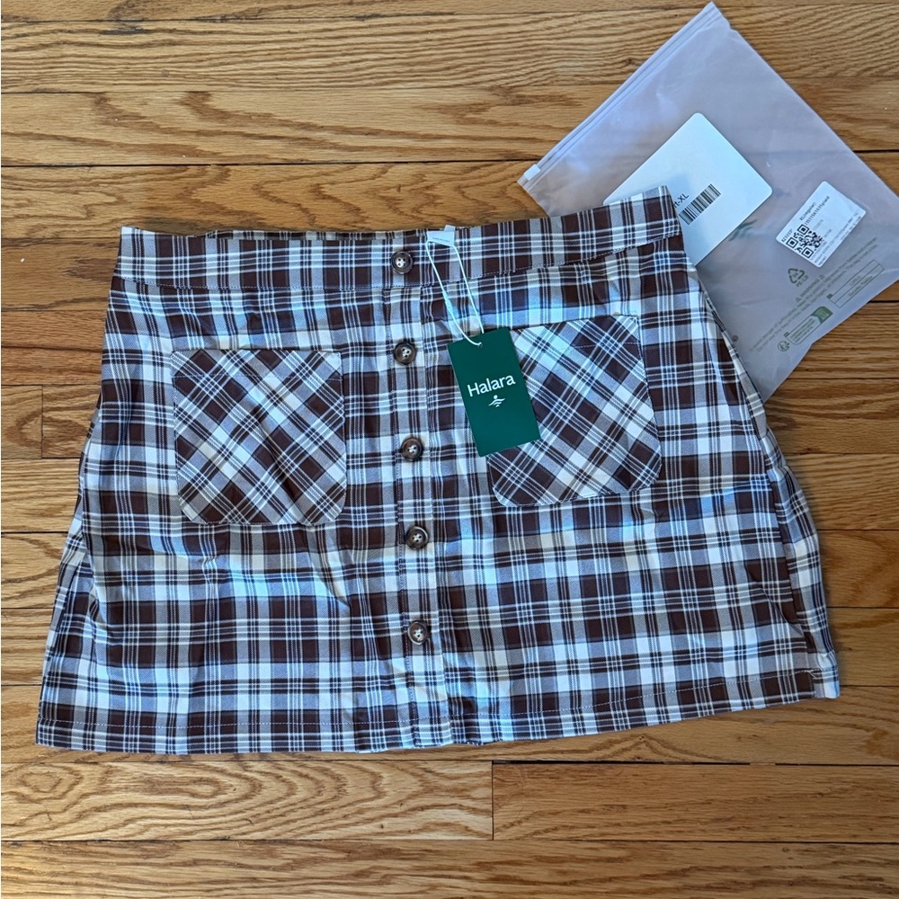 HALARA Brown and Ivory Plaid Button-Front Mini Skirt size XL